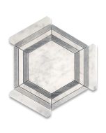 Carrara White Marble 5 inch Hexagon Georama Geometric Mosaic Tile w/ Bardiglio Gray Strips Honed