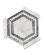 Carrara White Marble 5 inch Hexagon Georama Geometric Mosaic Tile w/ Bardiglio Gray Strips Polished