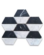 Carrara White Marble 4.5 inch Trapezoid Split Hexagon Mosaic Tile w/ Nero Marquina Black Honed