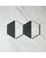 Carrara White Marble 4.5 inch Trapezoid Split Hexagon Mosaic Tile w/ Nero Marquina Black Honed