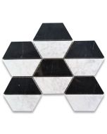 Carrara White Marble 4.5 inch Trapezoid Split Hexagon Mosaic Tile w/ Nero Marquina Black Polished