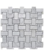 Carrara White 1x2 Basketweave Mosaic Tile w/ Carrara White Dots Polished