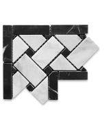 Carrara White 4x4 Basketweave Mosaic Corner w/ Black Dots Honed