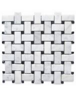 Carrara White 1x2 Basketweave Mosaic Tile w/ Black Dots Honed