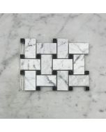 Carrara White 1x2 Basketweave Mosaic Tile w/ Black dots Honed