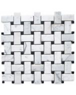 Carrara White 1x2 Basketweave Mosaic Tile w/ Black Dots Polished