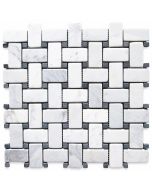 Carrara White 1x2 Basketweave Mosaic Tile w/ Black Dots Tumbled