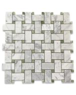 Carrara White 1x2 Basketweave Mosaic Tile w/ Green Dots Honed