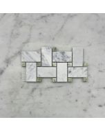 (Sample) Carrara White Marble 1x2 Basketweave Mosaic Tile w/ Green Jade Dots Honed