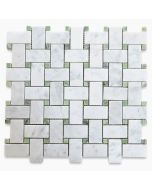 Carrara White 1x2 Basketweave Mosaic Tile w/ Green Dots Polished