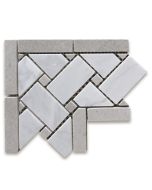 Carrara White 4x4 Basketweave Mosaic Corner w/ Gray Dots Honed
