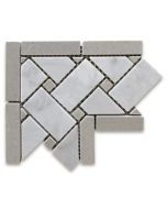 Carrara White 4x4 Basketweave Mosaic Corner w/ Gray Dots Polished