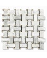 Carrara White 1x2 Basketweave Mosaic Tile w/ Gray Dots Polished