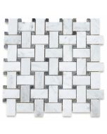 Carrara White 1x2 Basketweave Mosaic Tile w/ Blue Dots Honed