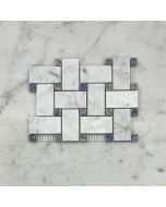 (Sample) Carrara White Marble 1x2 Basketweave Mosaic Tile w/ Azul Macaubas Blue Dots Honed