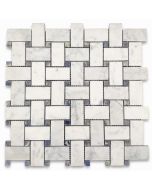 Carrara White 1x2 Basketweave Mosaic Tile w/ Blue Dots Polished