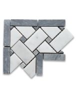 Carrara White Marble 4x4 Basketweave Mosaic Corner w/ Dark Gray Dots Honed