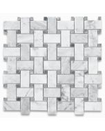 Carrara White 1x2 Basketweave Mosaic Tile w/ Dark Gray Dots Polished