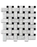 Carrara White Marble Medium Basketweave Mosaic Tile w/ Nero Marquina Black Dots Honed