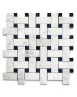 Carrara White Marble Medium Basketweave Mosaic Tile w/ Nero Marquina Black Dots Polished