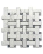 Carrara White Marble Medium Basketweave Mosaic Tile w/ Bardiglio Gray Dots Honed