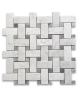 Carrara White Marble Medium Basketweave Mosaic Tile w/ Bardiglio Gray Dots Polished