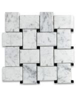 Carrara White Large Basketweave Mosaic Tile w/ Black Dots Honed
