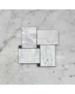 (Sample) Carrara White Marble Large Basketweave Mosaic Tile w/ Nero Marquina Black Dots Honed