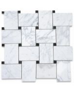 Carrara White Large Basketweave Mosaic Tile w/ Black Dots Polished