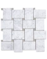 Carrara White Large Basketweave Mosaic Tile w/ Gray Dots Polished