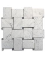 Carrara White Marble Large Basketweave Mosaic Tile w/ Bardiglio Gray Dots Honed