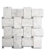 Carrara White Marble Large Basketweave Mosaic Tile w/ Bardiglio Gray Dots Polished