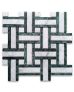 Carrara White Marble 1 inch Twine Basketweave Mosaic Tile w/ Indian Green Honed