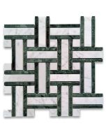Carrara White Marble 1 inch Twine Basketweave Mosaic Tile w/ Indian Green Polished