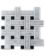 Carrara White Marble 1 inch Twine Basketweave Mosaic Tile w/ Nero Marquina Black Thassos White Honed