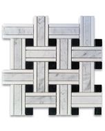 Carrara White Marble 1 inch Twine Basketweave Mosaic Tile w/ Nero Marquina Black Thassos White Polished