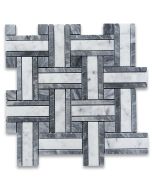 Carrara White Marble 1 inch Twine Basketweave Mosaic Tile w/ Bardiglio Gray Honed