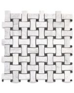 Carrara White 1x2 Dogbone Wicker Weave Mosaic Tile w/ Black Dots Honed