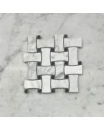 (Sample) Carrara White Marble 1x2 DogBone Wicker Weave Mosaic Tile w/ Nero Marquina Black Dots Honed