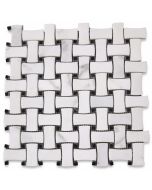 Carrara White 1x2 Dogbone Wicker Weave Mosaic Tile w/ Black Dots Polished