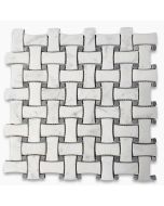 Carrara White Marble 1x2 DogBone Wicker Weave Mosaic Tile w/ Dark Grey Dots Honed