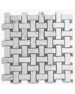 Carrara White Marble 1x2 DogBone Wicker Weave Mosaic Tile w/ Dark Grey Dots Polished