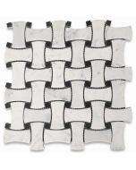 Carrara White Marble Big DogBone Wicker Weave Mosaic Tile w/ Black Dots Honed