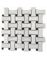 Carrara White Marble Big DogBone Wicker Weave Mosaic Tile w/ Black Dots Polished