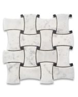 Carrara White Marble Wide Dogbone Wicker Weave Mosaic Tile w/ Nero Marquina Black Dots Honed