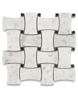 Carrara White Marble Wide Dogbone Wicker Weave Mosaic Tile w/ Nero Marquina Black Dots Polished