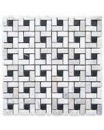 Carrara White Marble Pinwheel Windmill Spiral Target Mosaic Tile w/ Nero Marquina Black Dots Honed