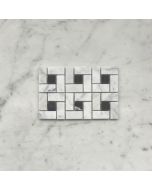 (Sample) Carrara White Marble Pinwheel Windmill Spiral Target Mosaic Tile w/ Nero Marquina Black Dots Honed