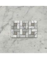 (Sample) Carrara White Marble Pinwheel Windmill Spiral Target Mosaic Tile w/ Cinderella Gray Tan Dots Honed