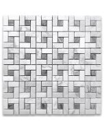 Carrara White Marble Pinwheel Windmill Spiral Target Mosaic Tile w/ Bardiglio Gray Dots Honed